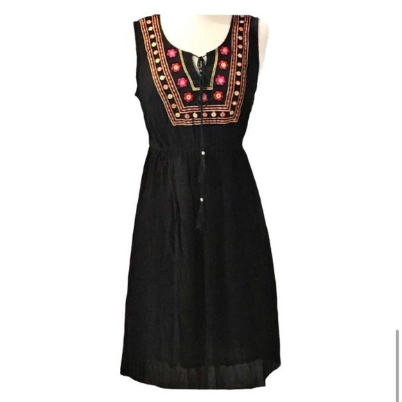 Black Cotton Embroidered Dress Sleeveless Boho Midi Large Casual NWT - Picture 2 of 7